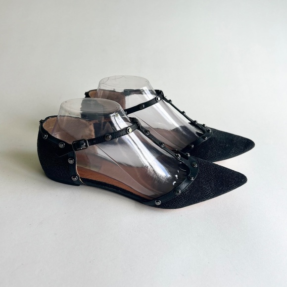 Halogen Black Fabric Leather Point Toe Ankle Strap Sandals size 8 - Picture 1 of 16